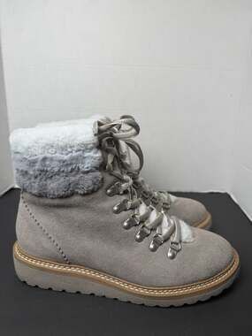 Splendid Evita Gray Suede Faux Fur Cuff Lace Up Womens Boots Sz 7.5 Hiking Warm